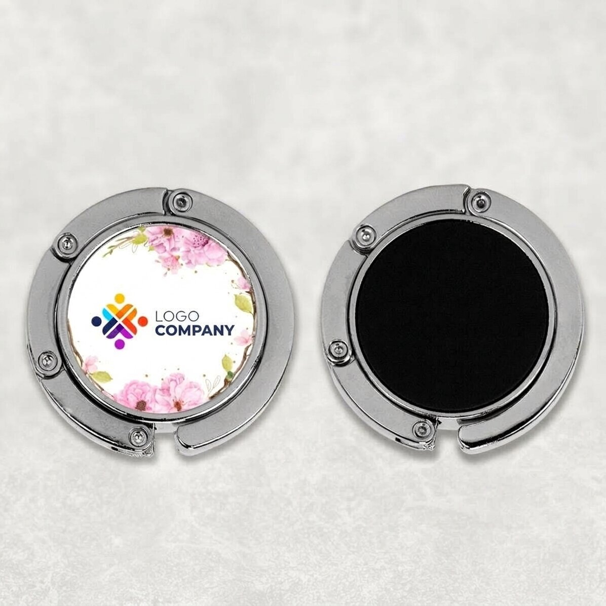 Soporte para bolso de mesa personalizado con logotipo y diseño floral