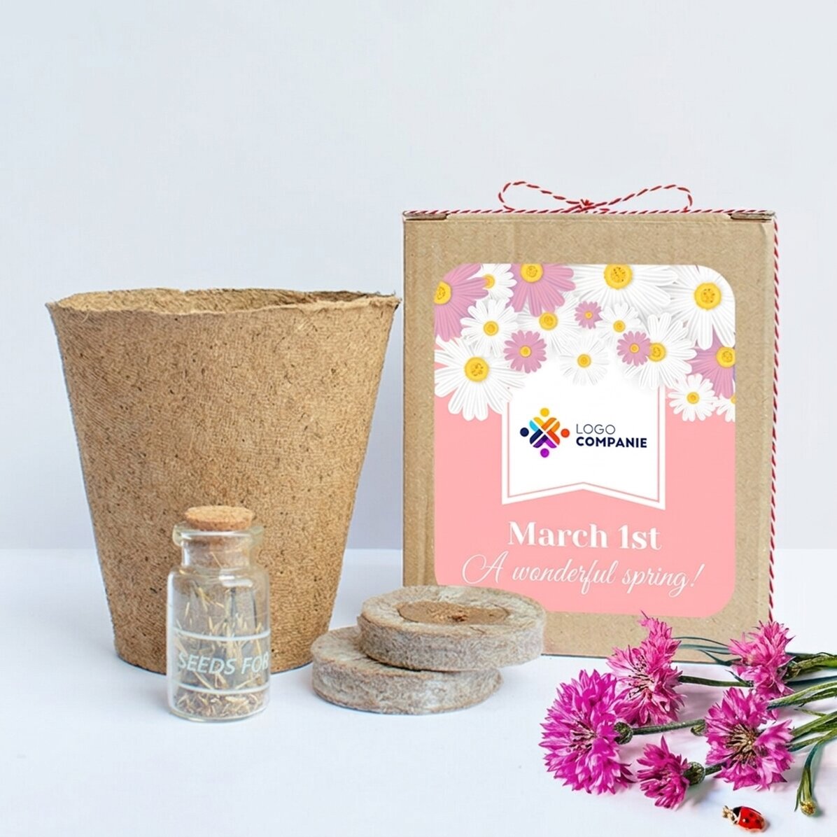 Kit para plantar flores de primavera en una cajita personalizada con logotipo y mensaje - Floral