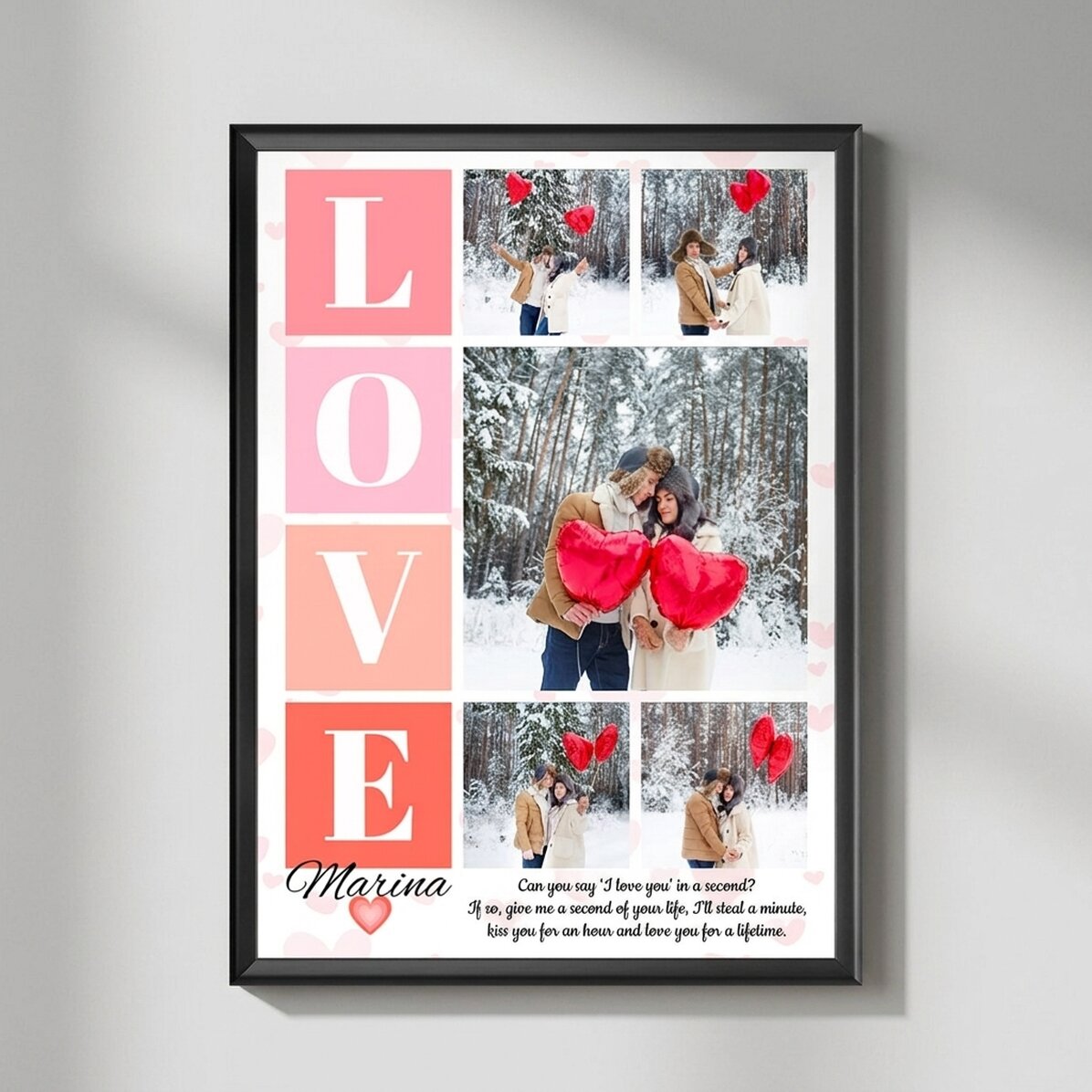 Cuadro personalizado con 5 fotos y un mensaje para los enamorados
