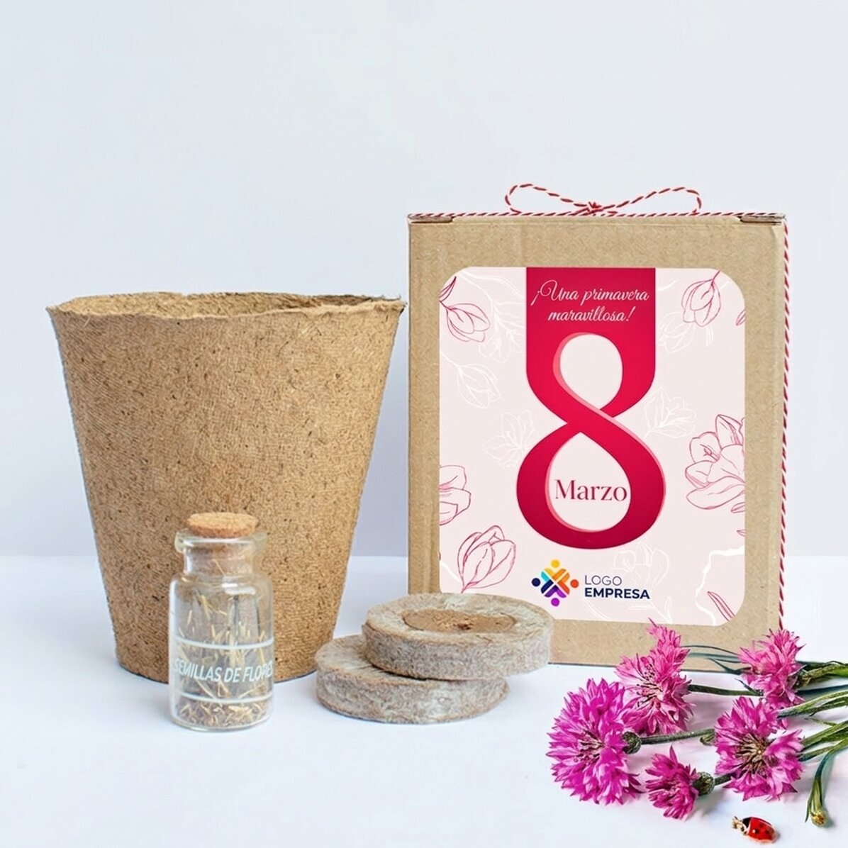 Kit para plantar flores de primavera en una cajita personalizada con logotipo y mensaje - 8 de marzo