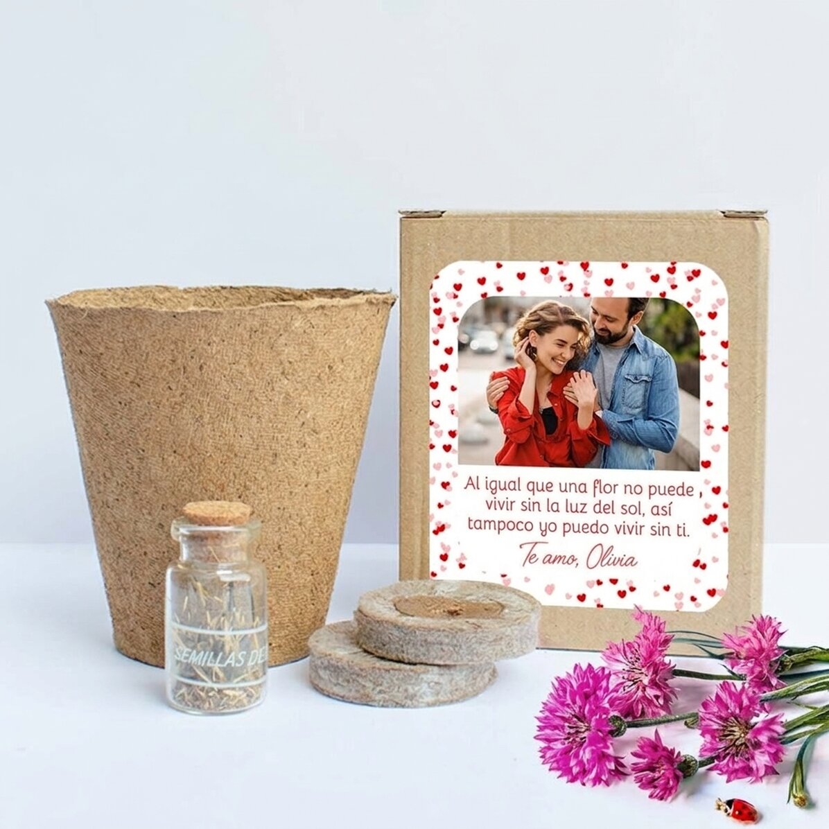 Kit para plantar flores de primavera en una cajita personalizada con foto y mensaje - Love