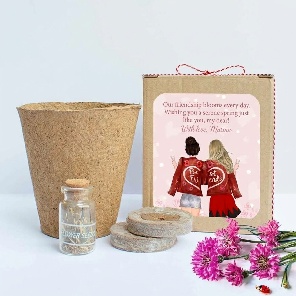 Kit para plantar flores de primavera en una cajita personalizada con un mensaje para las amigas