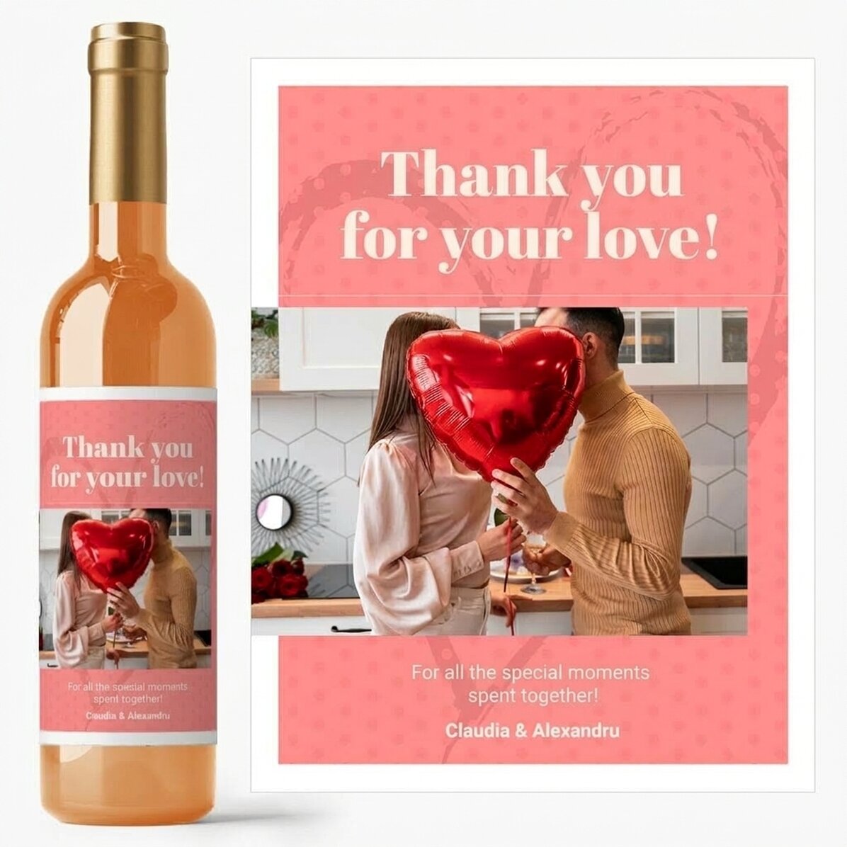 Vino personalizado con una foto y un texto: «¡Gracias por tu amor!»