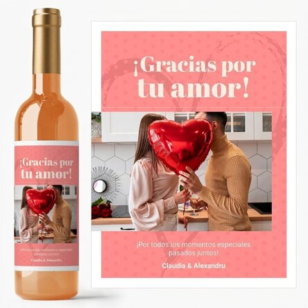 Vino personalizado con una foto y un texto: «¡Gracias por tu amor!»