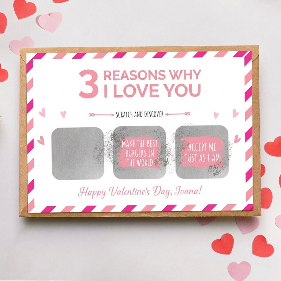 Tarjeta rasca y gana personalizada con mensaje: «3 razones por las que te quiero»