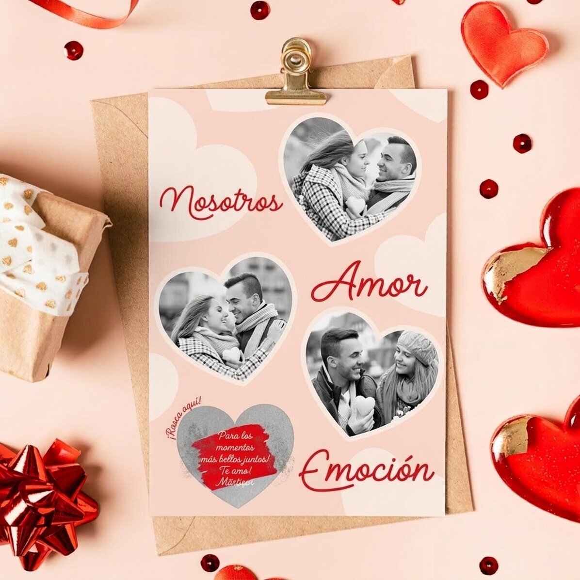 Tarjeta rasca y gana personalizada con 3 fotos y texto - Emoción y amor