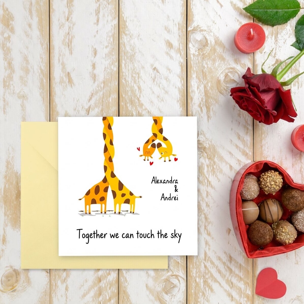 Tarjeta cuadrada personalizada con texto - Jirafas enamoradas