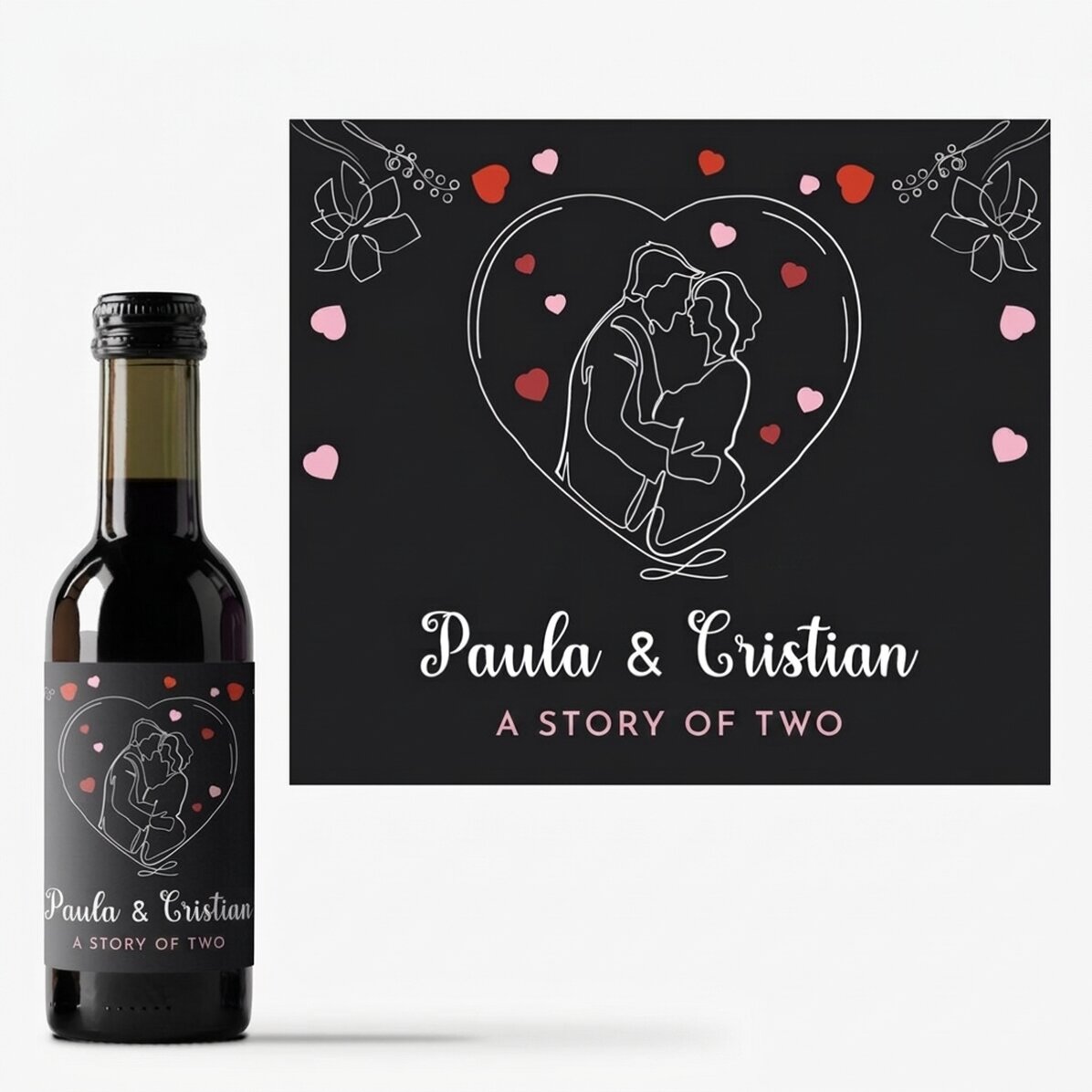 Mini botella de vino personalizada con vuestros nombres - Una historia para dos