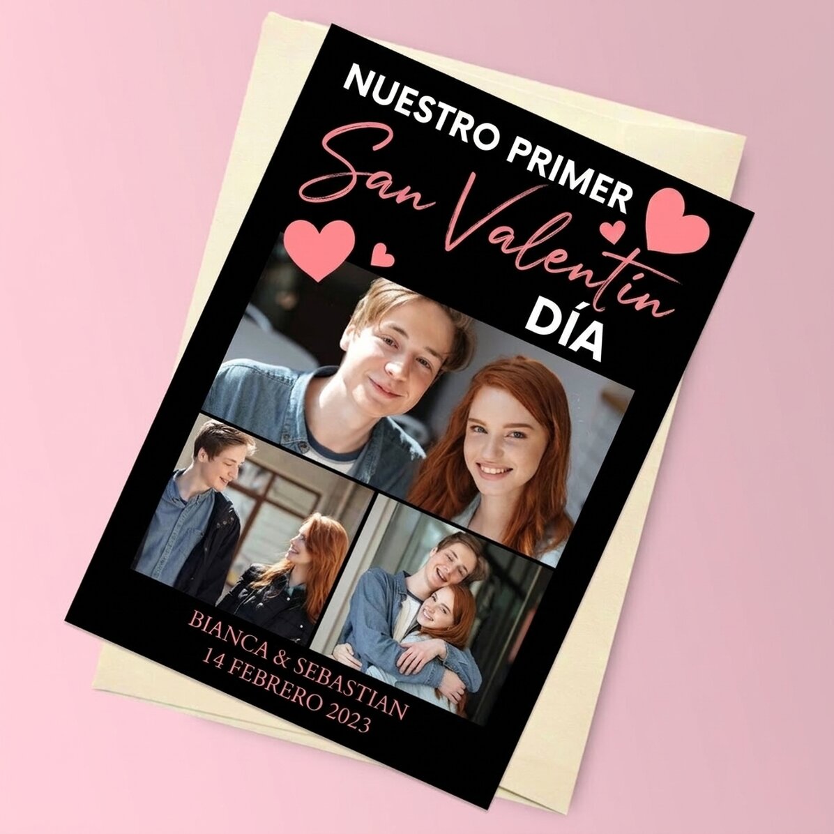 Tarjeta magnética personalizada con 3 fotos y un mensaje - Día de San Valentín