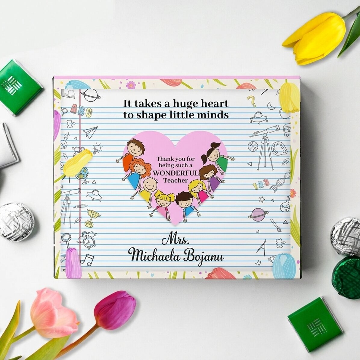 Caja de bombones personalizada con un mensaje para la profesora - Corazón