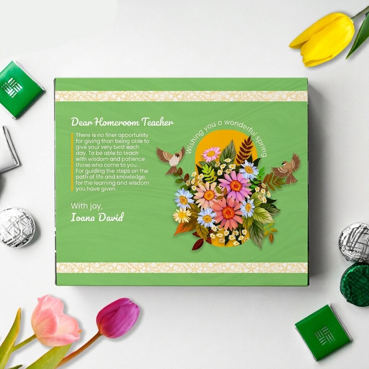 Caja de bombones personalizada con un mensaje para la tutora - Una primavera maravillosa