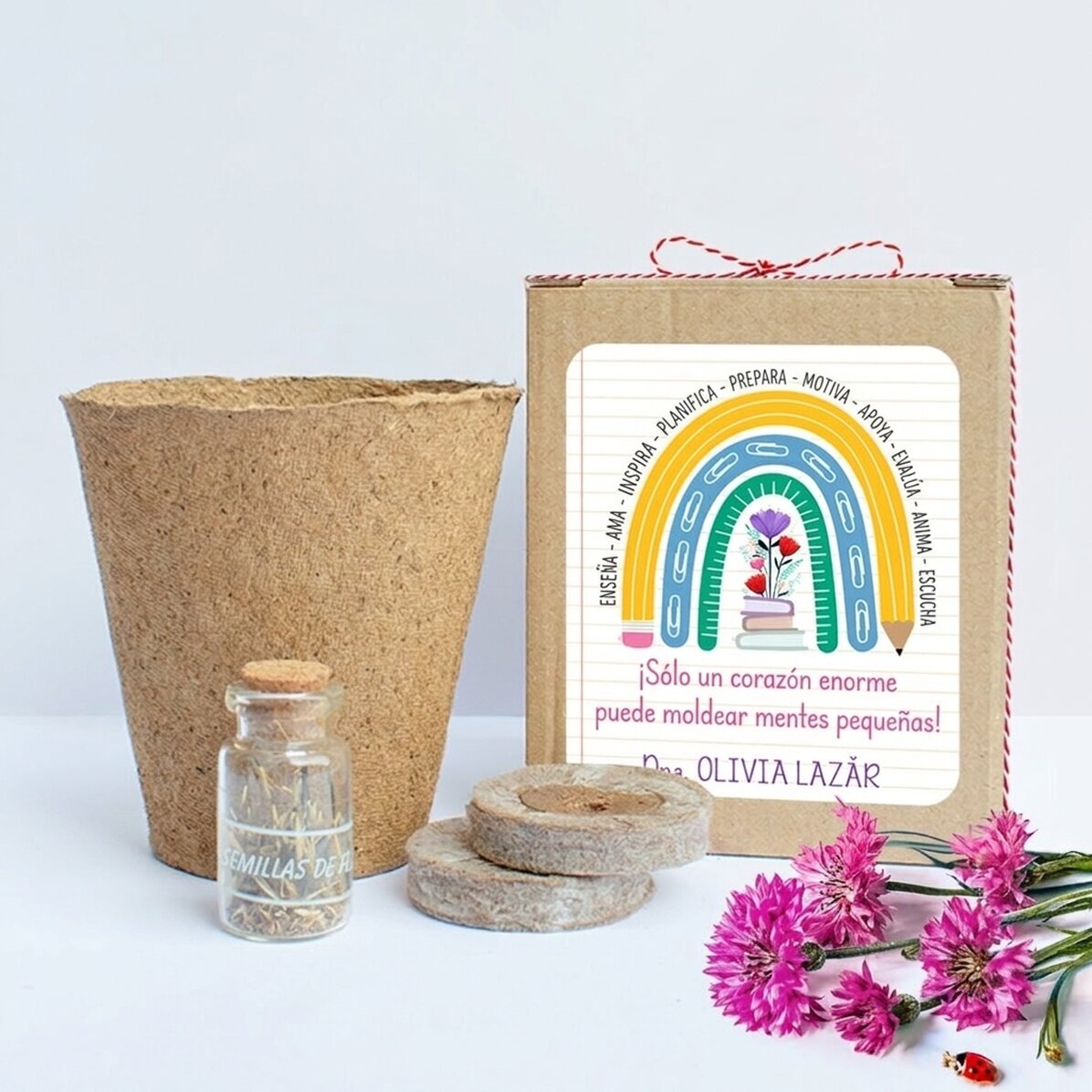 Kit para plantar flores de primavera en una cajita personalizada con un mensaje para la profesora de