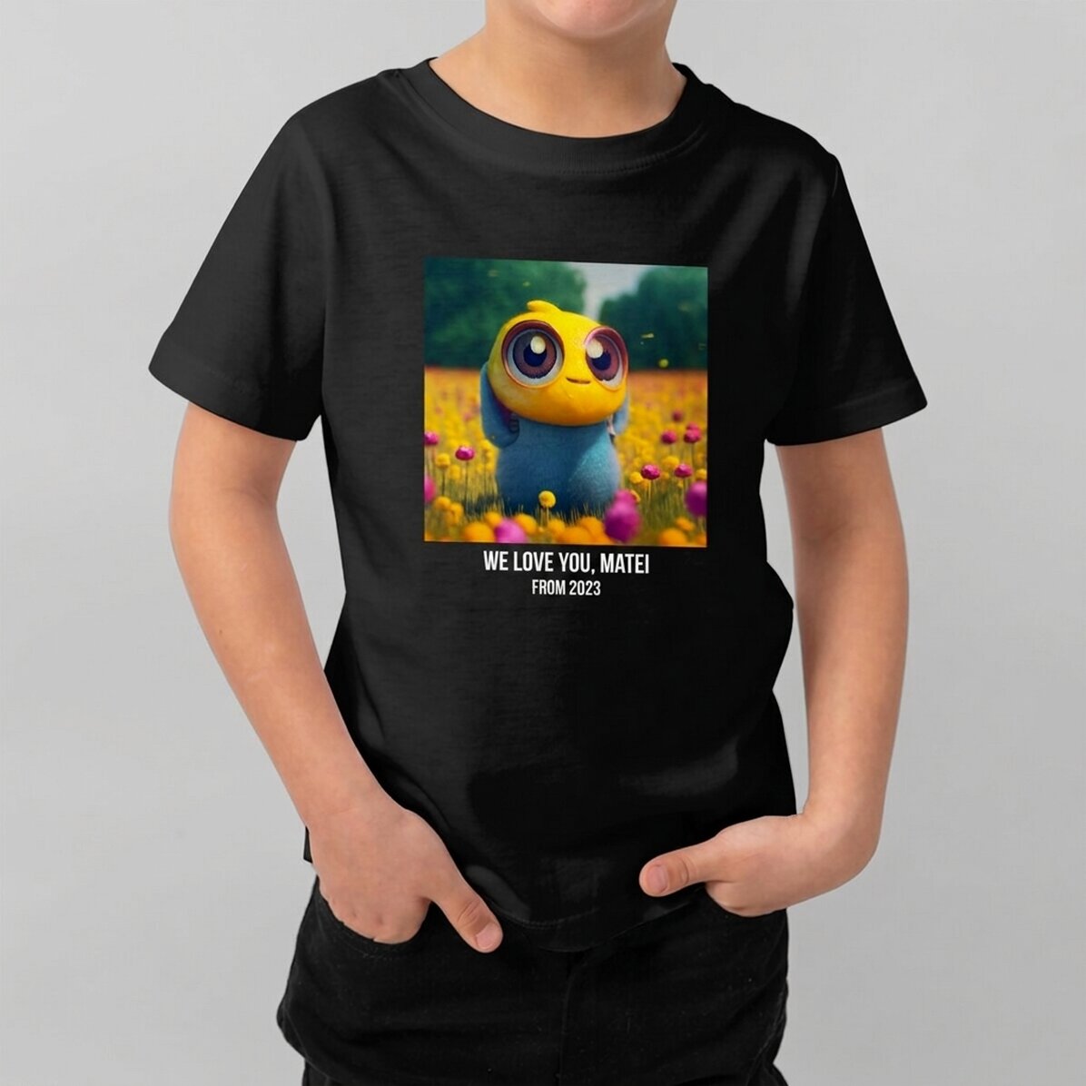 Camiseta de algodón para niños personalizada con una foto cuadrada y un texto
