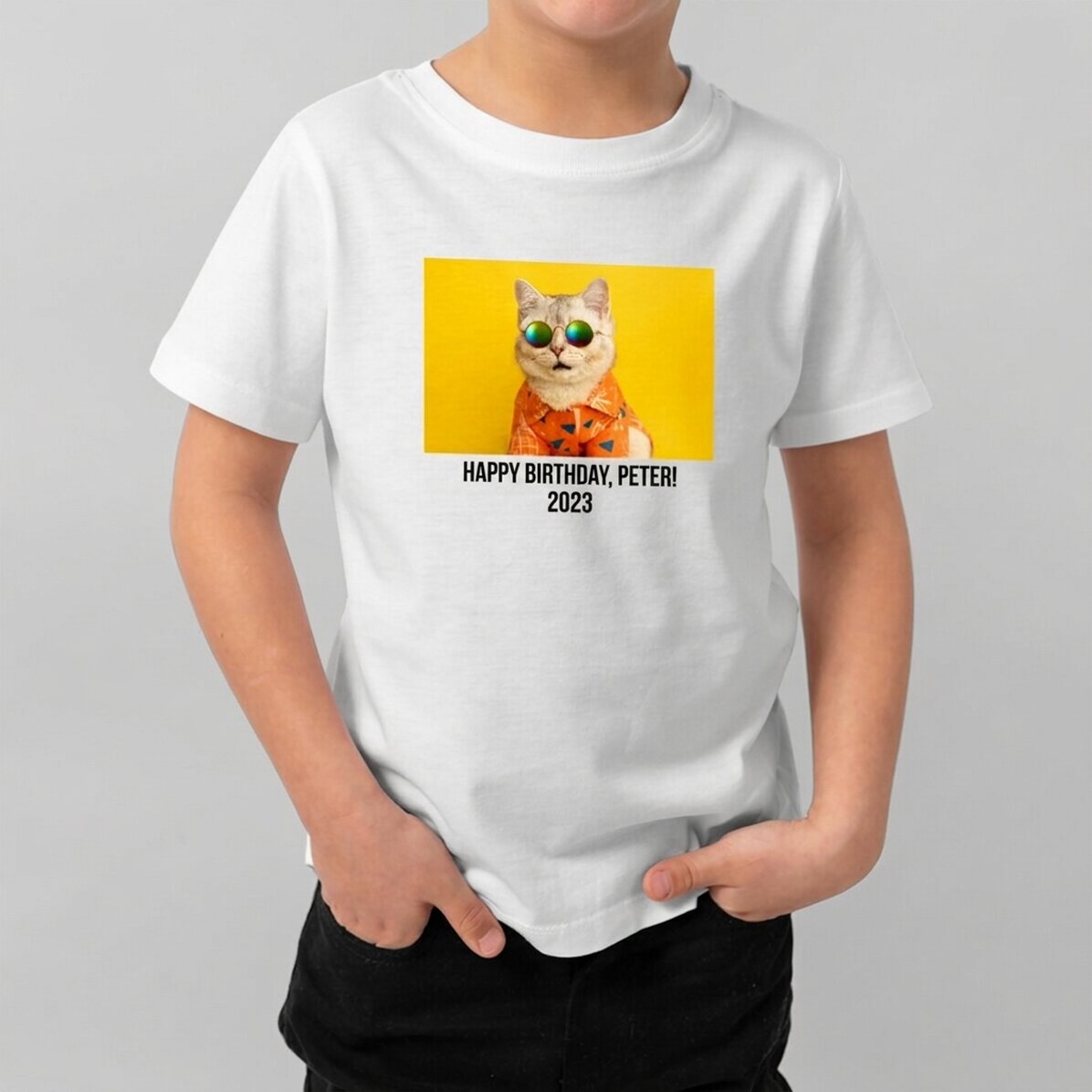 Camiseta de algodón para niños personalizada con una foto en formato horizontal y texto