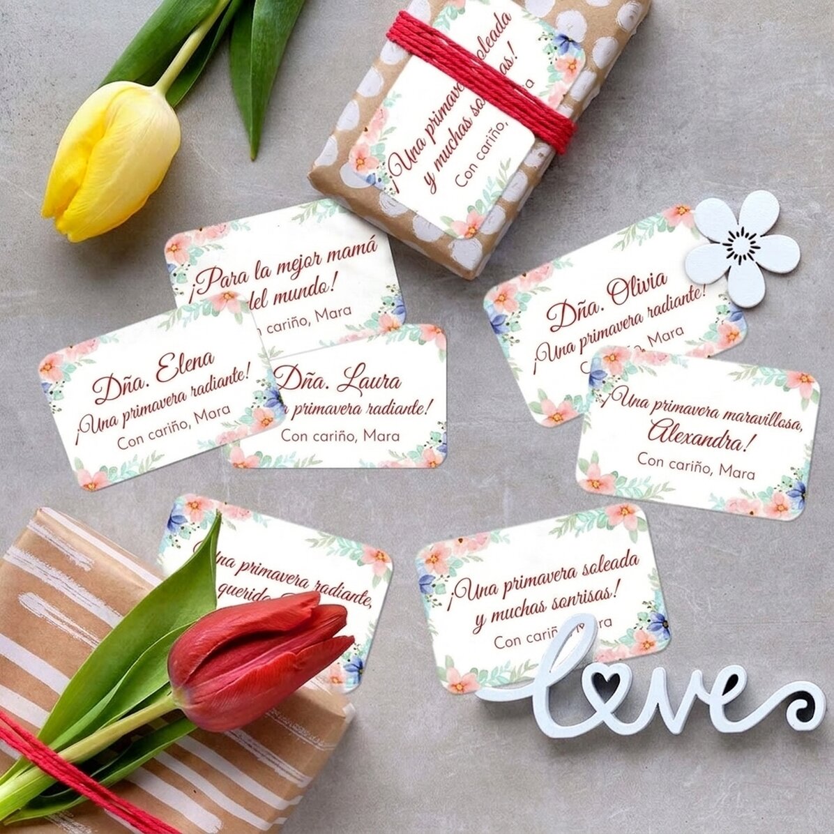 Lote de 8 pegatinas (etiquetas autoadhesivas) personalizadas con mensajes - Estilo floral