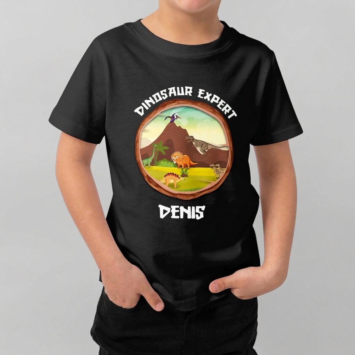 Camiseta de algodón para niños personalizada con texto: «Experto en dinosaurios»