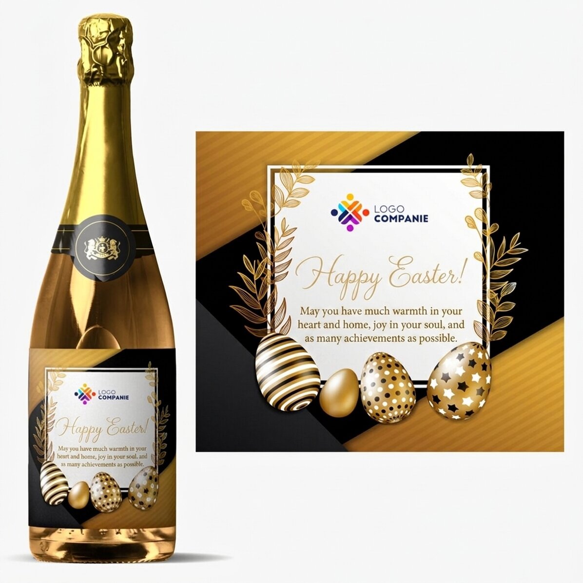 Vino espumoso personalizado con logotipo y mensaje: ¡Feliz Pascua!