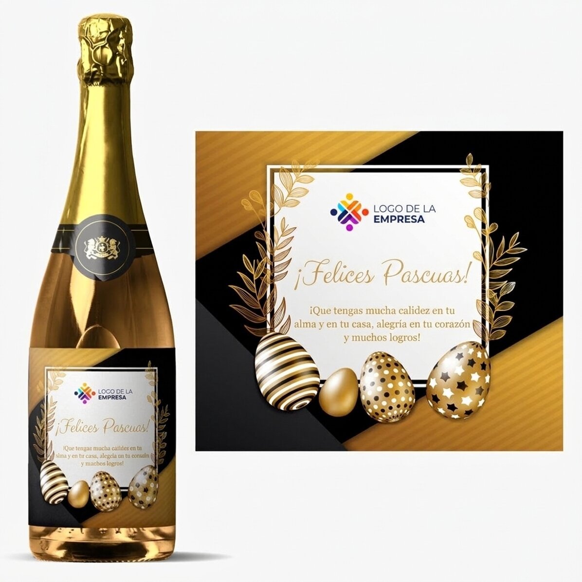Vino espumoso personalizado con logotipo y mensaje: ¡Feliz Pascua!