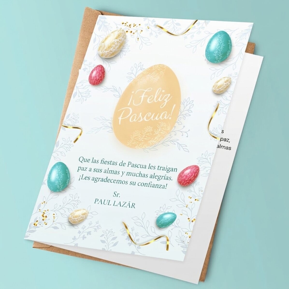 Tarjeta de felicitación personalizada con logotipo y mensaje: ¡Feliz Pascua!
