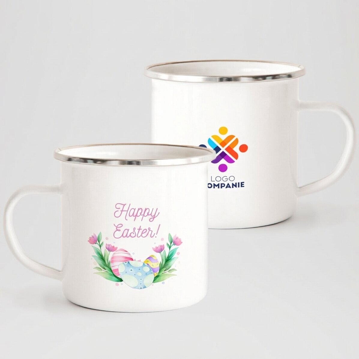 Taza metálica esmaltada personalizada con logotipo y texto: ¡Feliz Pascua!