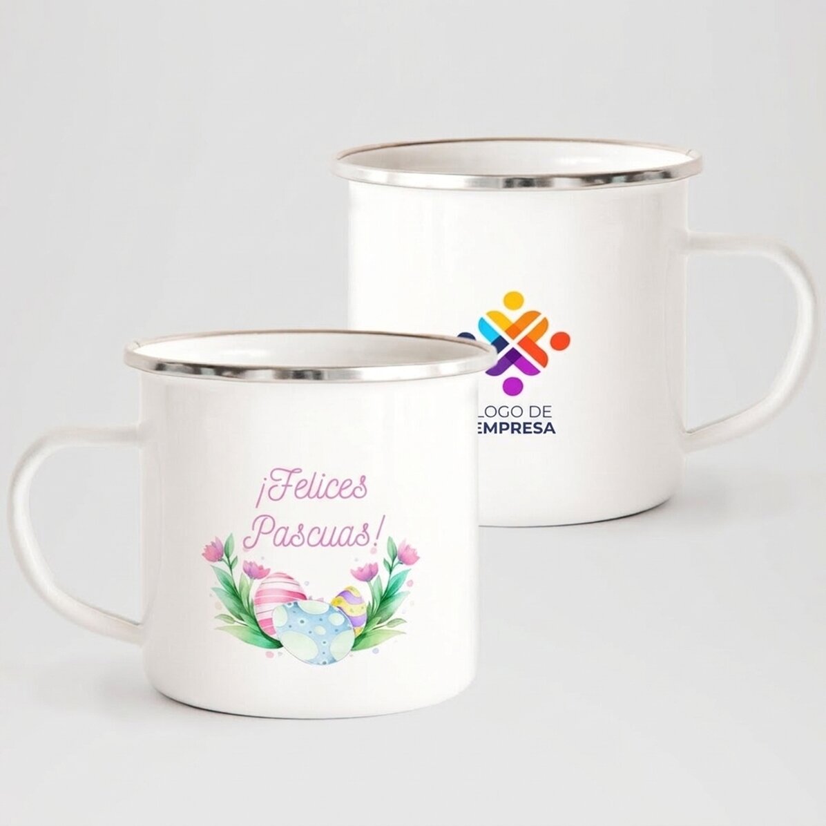 Taza metálica esmaltada personalizada con logotipo y texto: ¡Feliz Pascua!