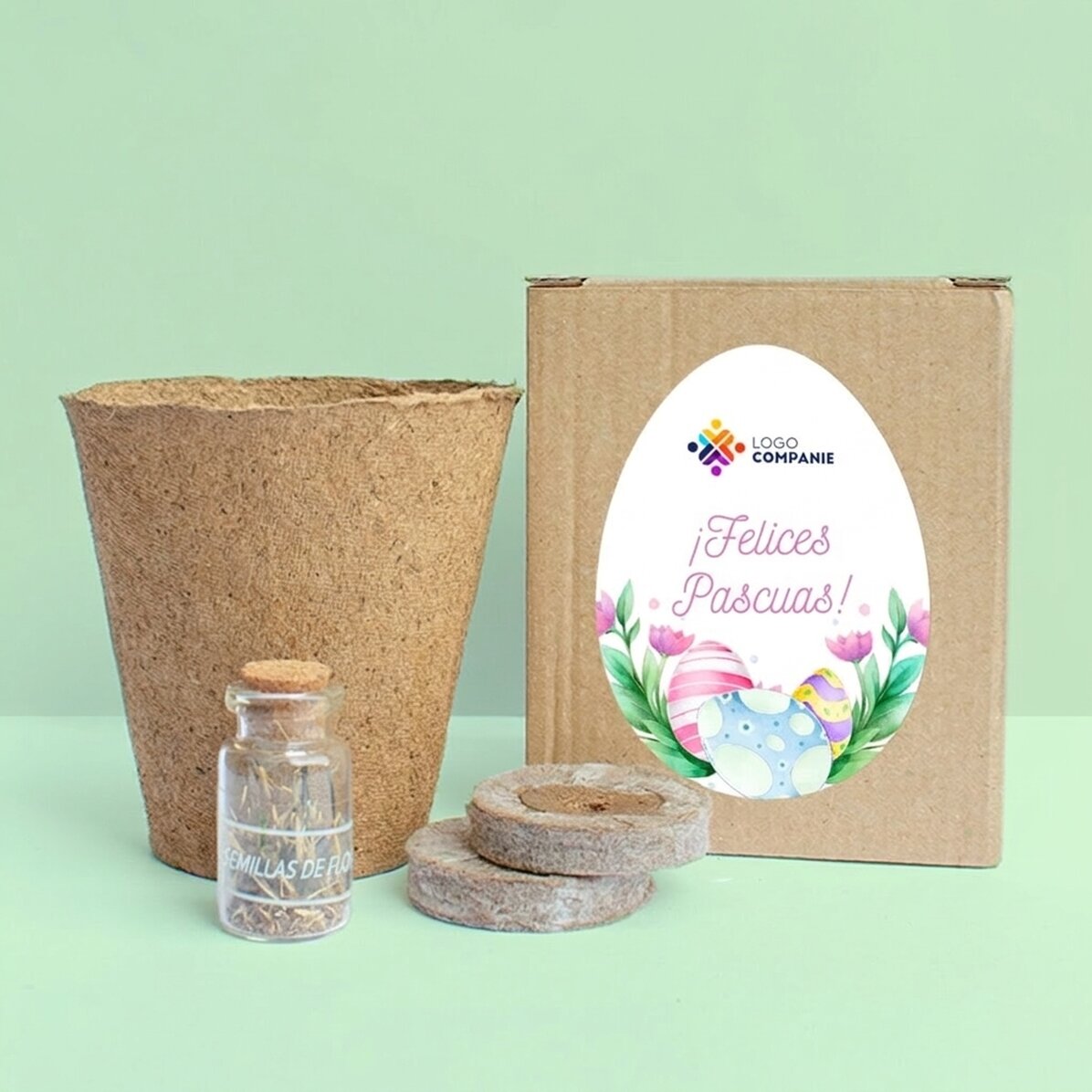Kit para plantar flores en una cajita personalizada con logotipo y texto: ¡Feliz Pascua!