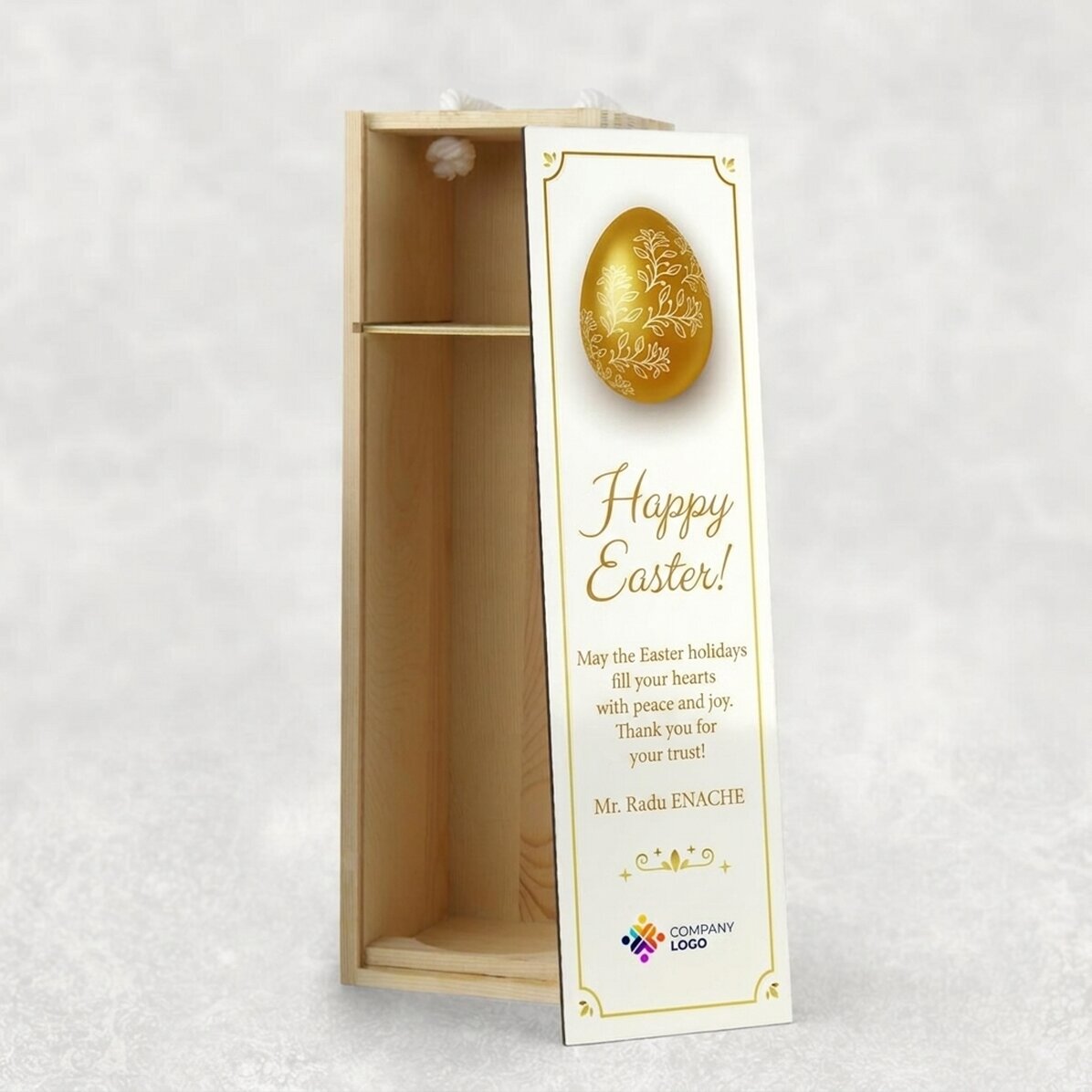 Caja de vino personalizada con logotipo y mensaje: ¡Feliz Pascua!