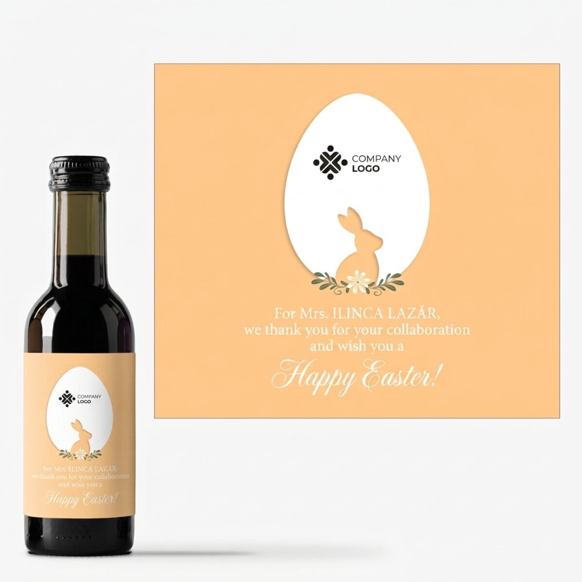 Mini botella de vino personalizada con texto y logotipo - Feliz Pascua