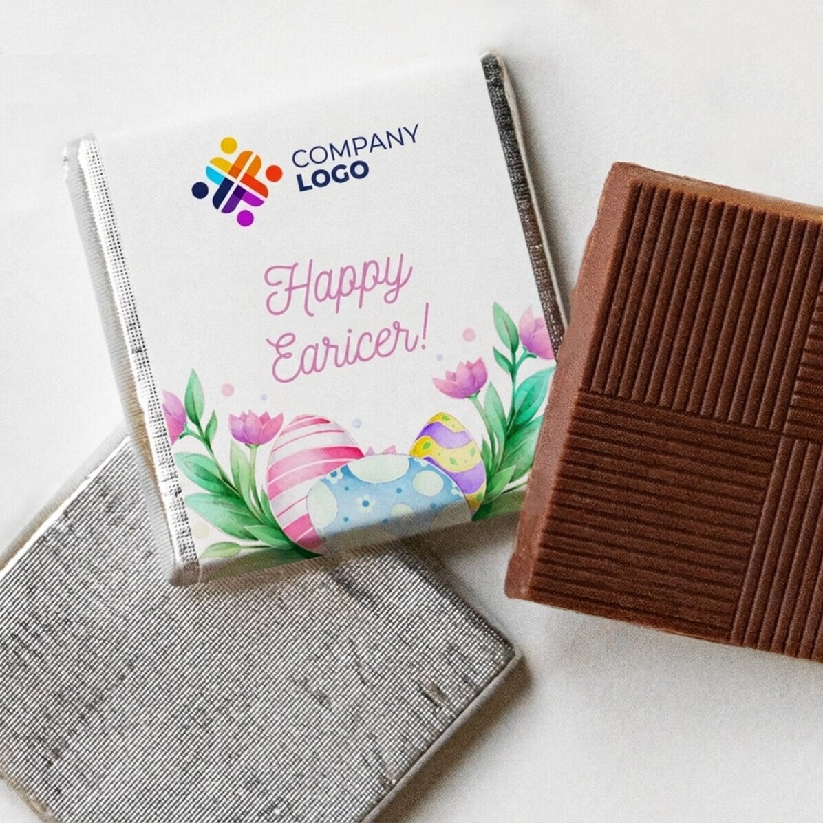 Mini tableta de chocolate personalizada con logotipo y mensaje: ¡Feliz Pascua!
