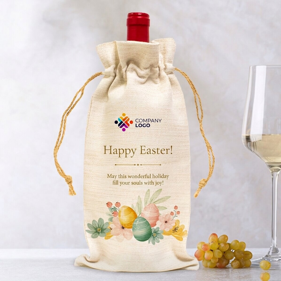 Bolsa personalizada para botella de vino con logotipo y mensaje: ¡Feliz Pascua!