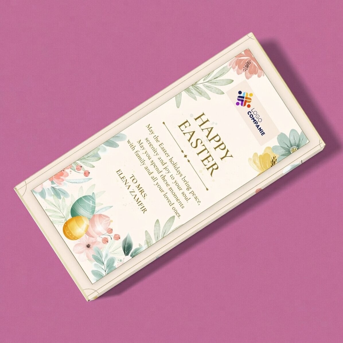 Chocolate personalizado con logotipo y mensaje de Pascua
