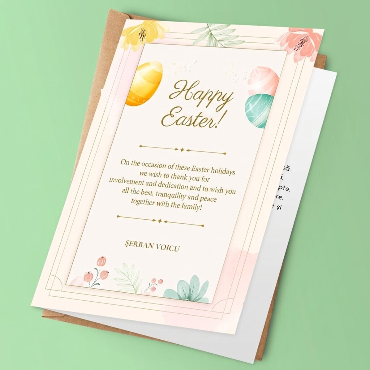 Tarjeta de felicitación personalizada con logotipo y mensaje de Pascua