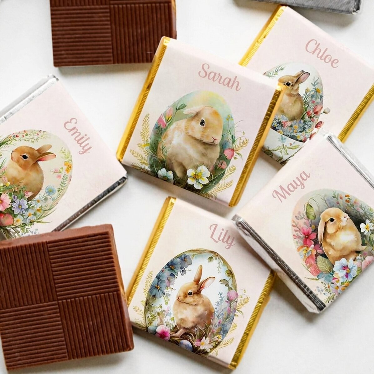 Lote de 5 minichocolates personalizados con mensaje: conejitos de Pascua