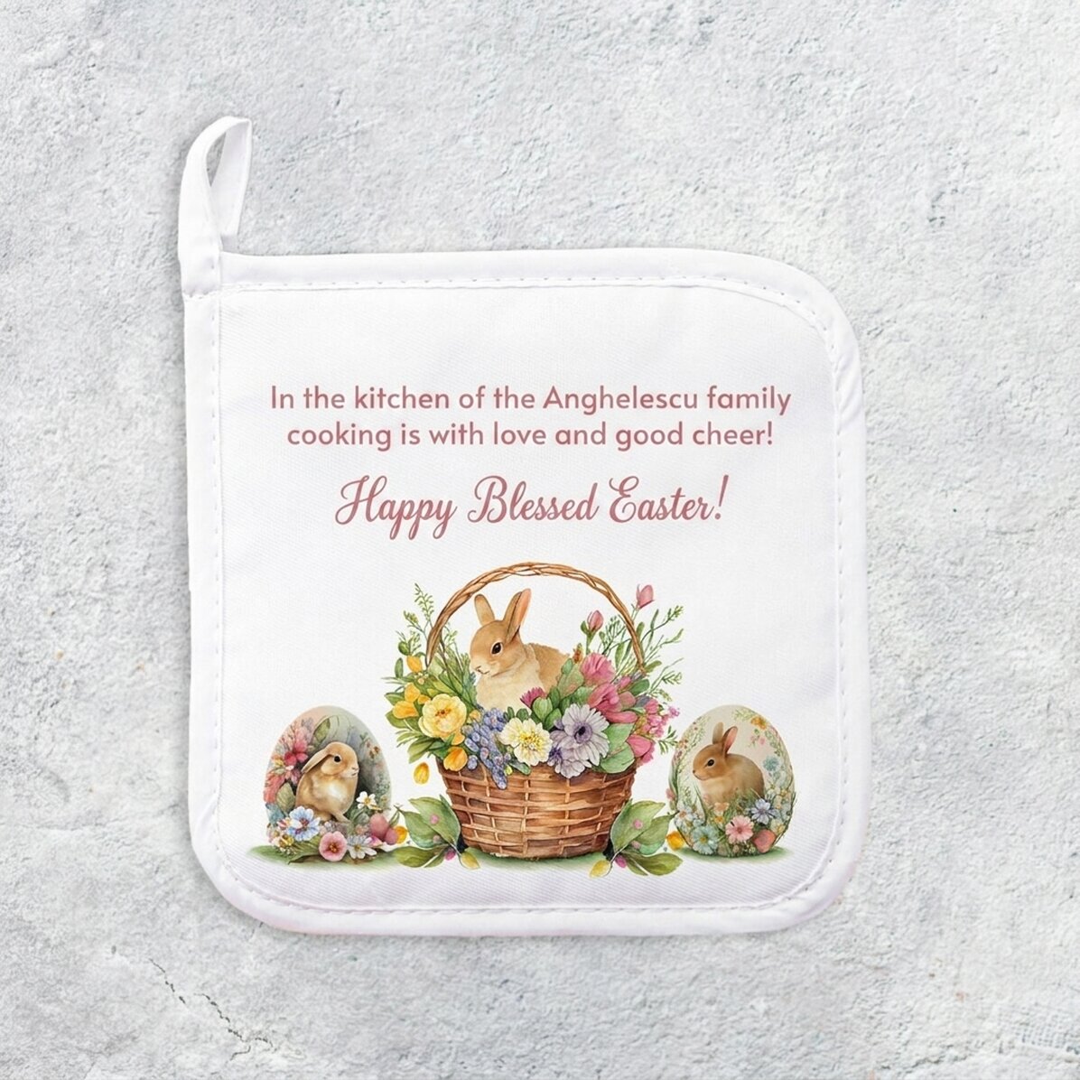 Soporte para ollas calientes personalizado con texto: «Conejitos de Pascua»