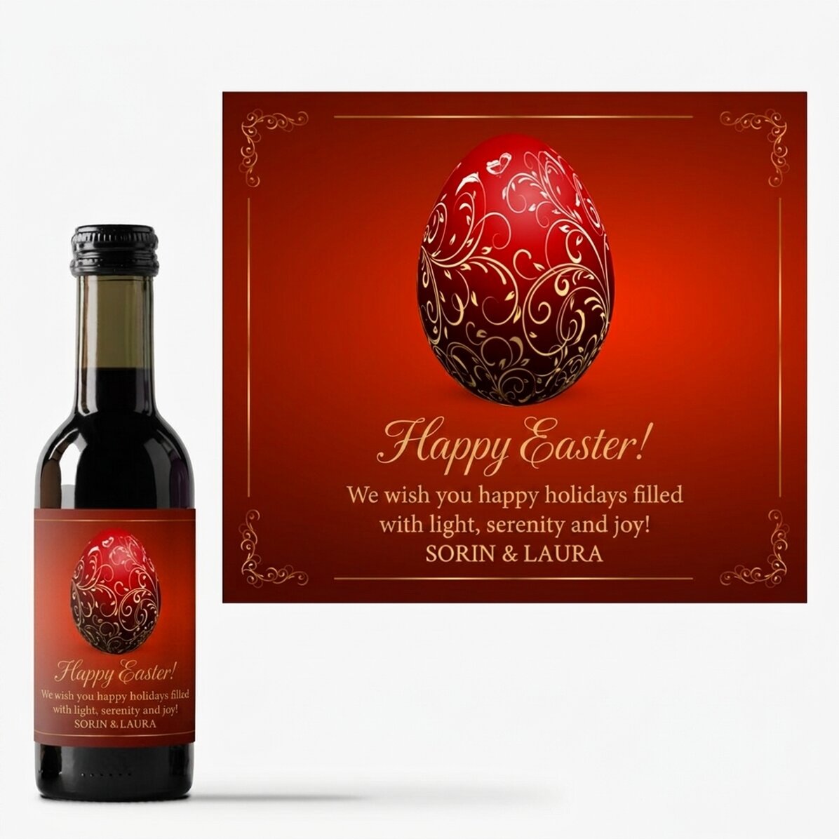 Mini botella de vino personalizada con texto: «Feliz Pascua»