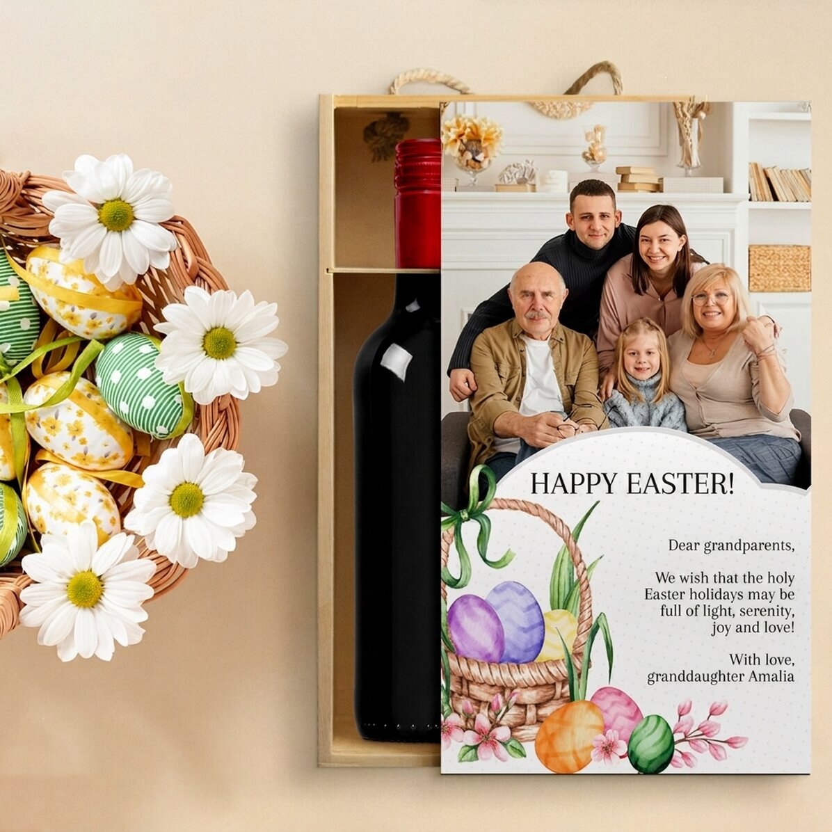 Caja de vino para 2 botellas personalizada con una foto y un mensaje de Pascua