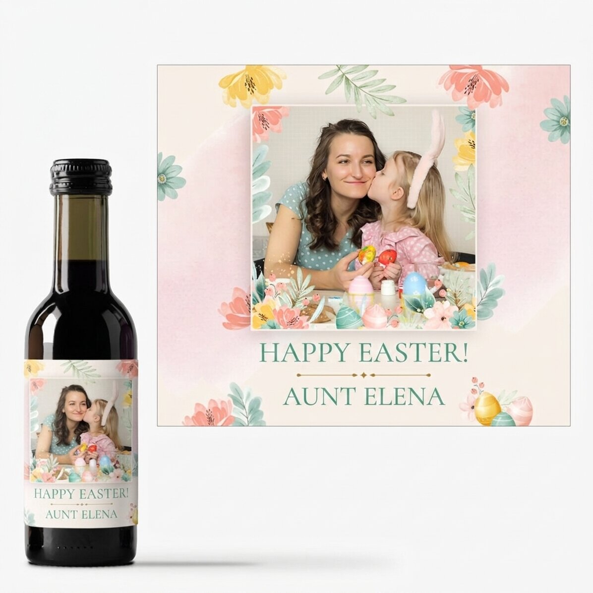 Mini botella de vino personalizada con una foto y un texto - Feliz Pascua