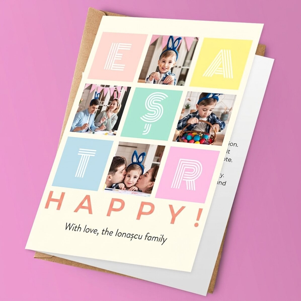 Tarjeta de felicitación personalizada con 4 fotos y un mensaje: ¡Feliz Pascua!