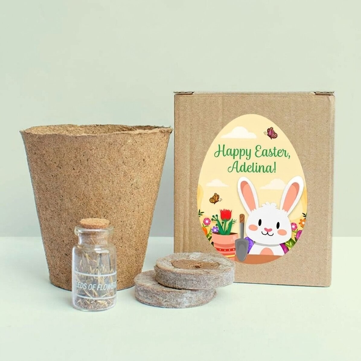 Kit para plantar flores en una cajita personalizada con texto para niños - Pascua