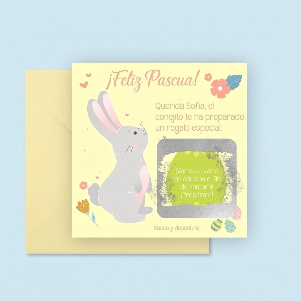 Tarjeta rasca y gana personalizada con mensaje - Del conejito de Pascua