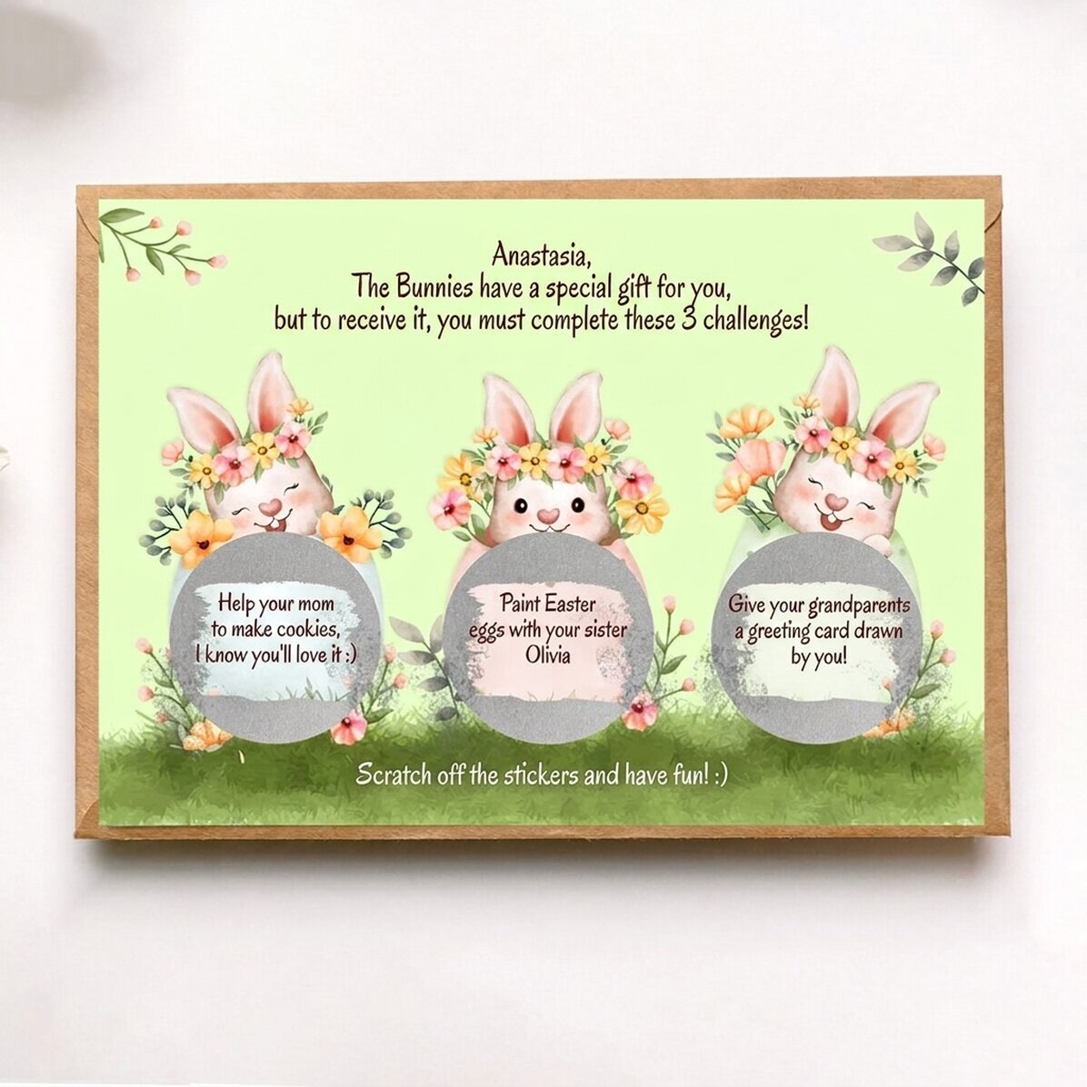 Tarjeta rasca y gana personalizada con mensaje de Pascua: «Los retos del conejito»