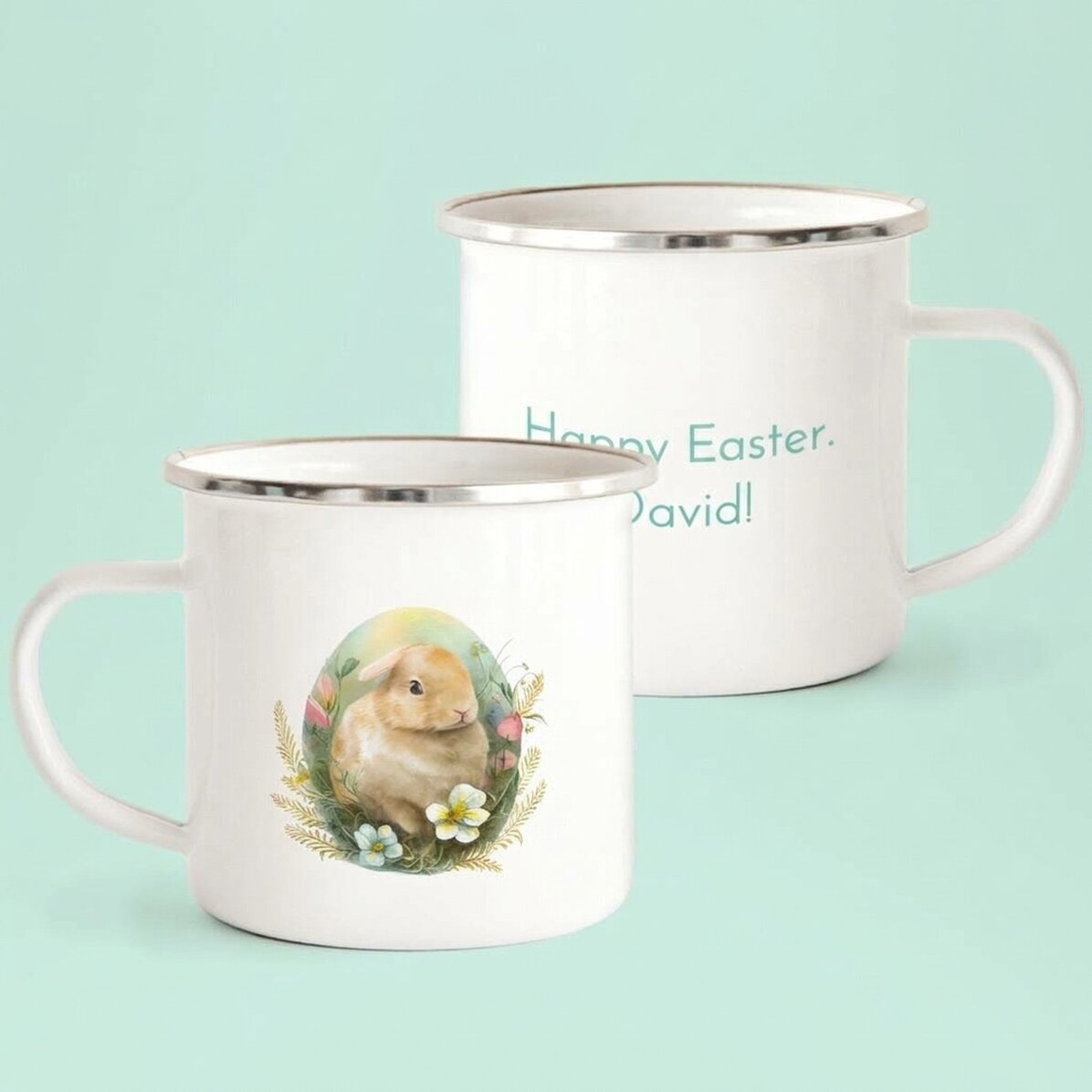 Taza metálica esmaltada personalizada con mensaje: «¡Feliz Pascua!»