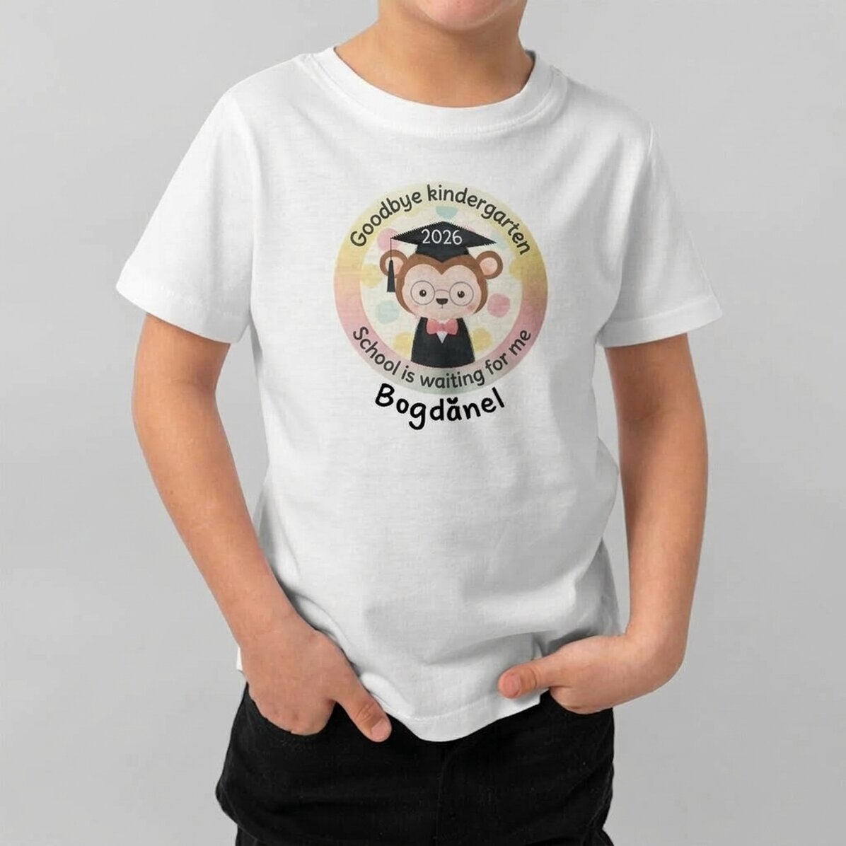 Camiseta de algodón para niños personalizada con texto: «Adiós, guardería»