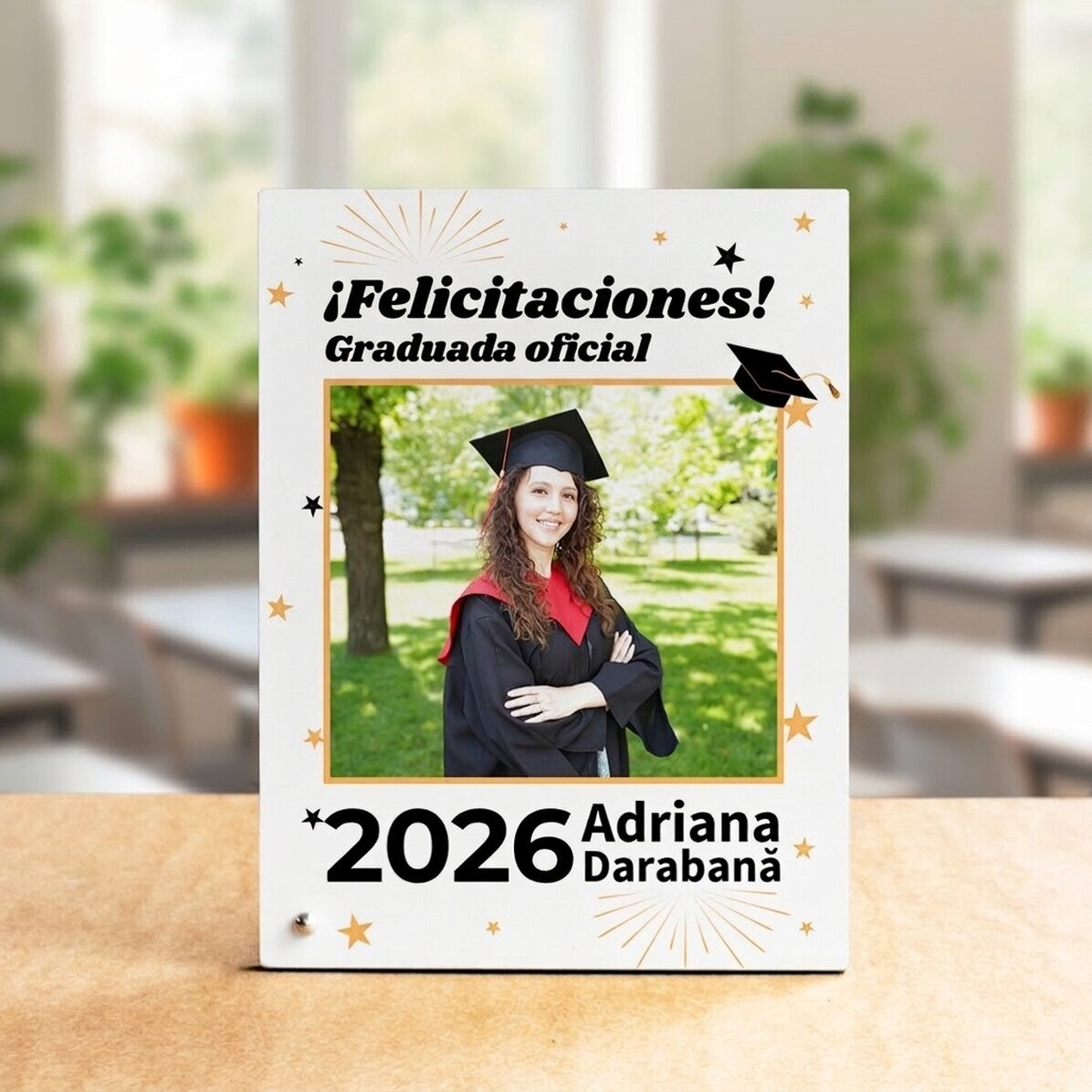 Marco de fotos de escritorio personalizado con foto y texto - «Oficialmente graduada»