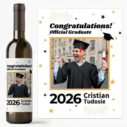 Vino personalizado con una foto y un texto: «Graduado oficial»