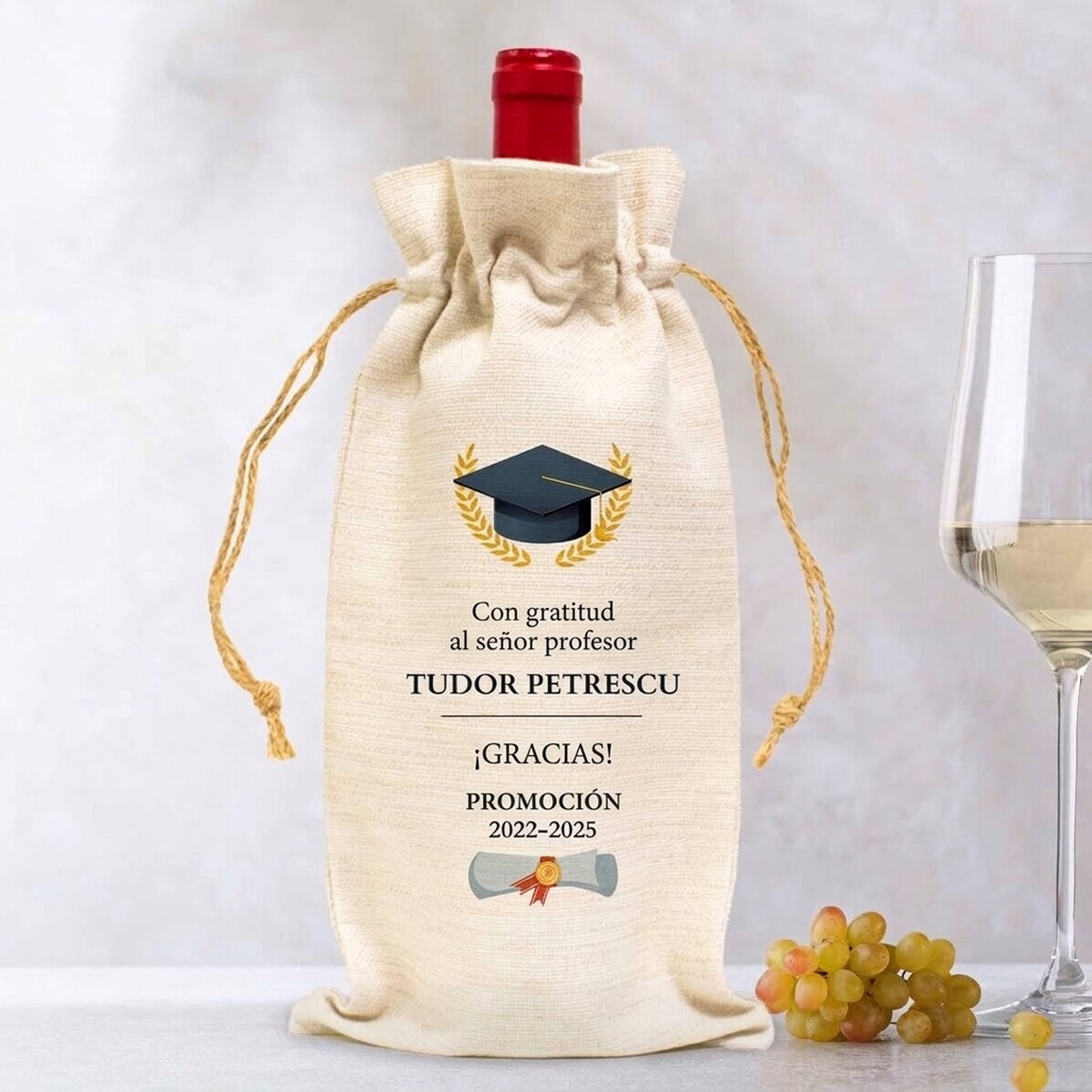 Bolsita para botella de vino personalizada con mensaje - Graduación