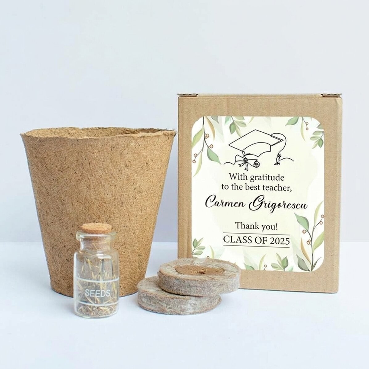 Kit para plantar flores en una cajita personalizada con un mensaje para los profesores - modelo de g