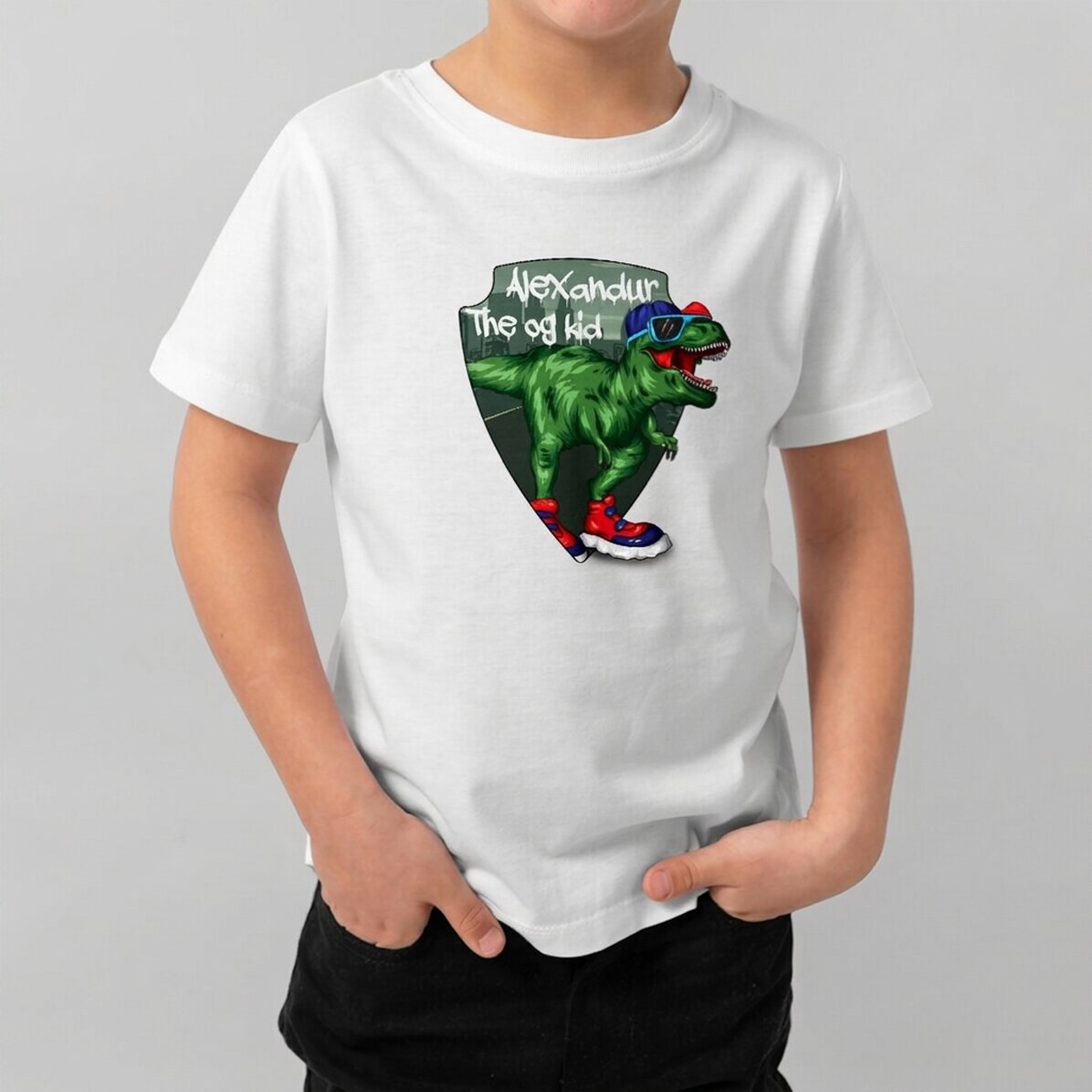 Camiseta de algodón para niños personalizada con texto: «Dinosaurio molón»