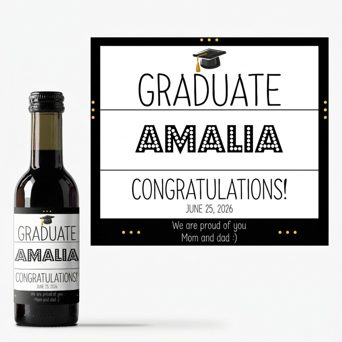 Mini botella de vino para la graduación, personalizada con un mensaje: «La alegría de la graduación»