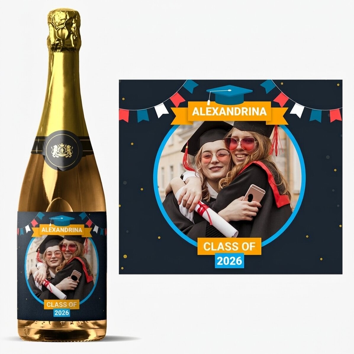 Vino espumoso personalizado con texto y foto para la graduación